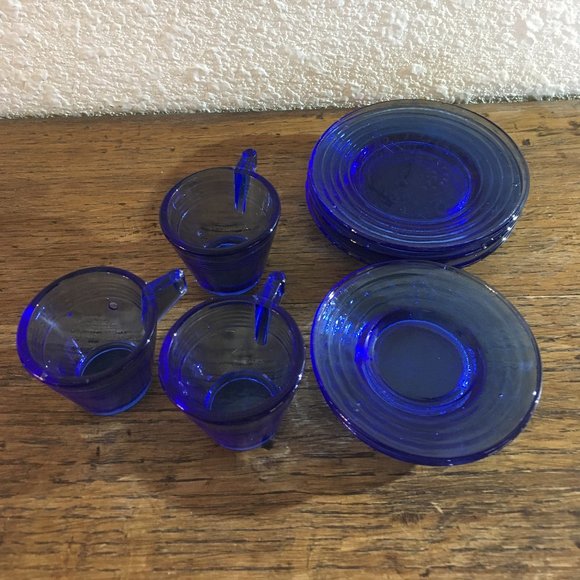 Vintage Akor 1940's Cobalt Blue Child's Cup and Saucers - Picture 2 of 11